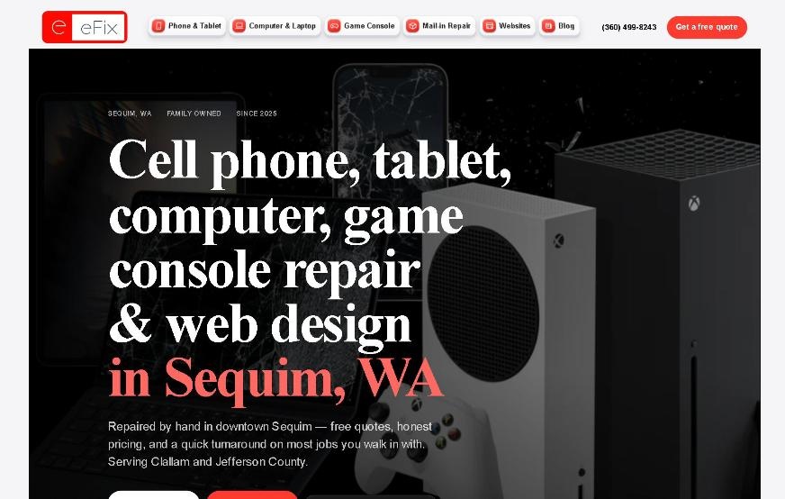 Homepage of the eFix website, efix-wa.com, for phone, computer and game console repair in Sequim, WA
